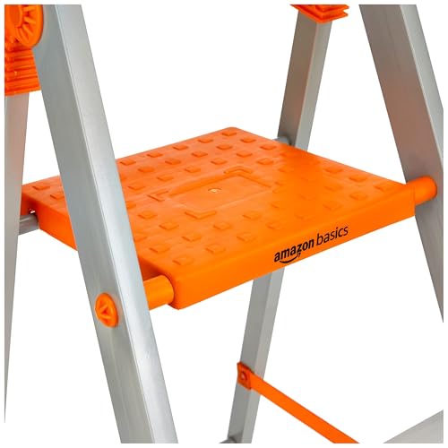 Image of Amazon Basics Clamber Pro+ - Foldable Step Ladder with Tool Tray, Firm Grip, 4 Steps (Aluminium Steps, Orange & Satin)