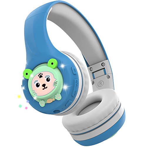 Riwbox Fb-7S Frog Kids Headphones Bluetooth, Led Light Up Bluetooth Headphones Over Ear Volume Limited Safe 75/85/95Db With Mic And Tf-Card, Children Headphones For School/Pc (Blue&Grey) #TOP2