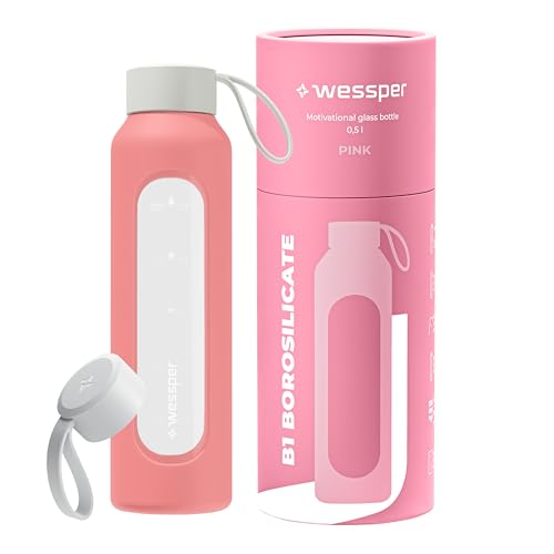 Wessper Botella de Agua Cristal, Botella 500 mililitros, Motivadora con Escala de Hidratación, Botellas de Vidrio Borosilicato con Funda de Silicona, Material Seguro sin BPA - Rosa