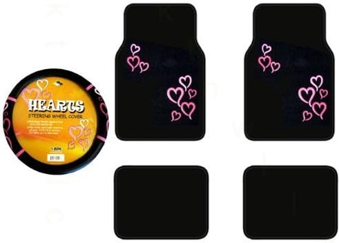 A Set of 4 Universal Fit Plush Carpet Floor Mats For Cars / Trucks and One Comfort Grip Steering Wheel Cover - Love Story Hearts Pink