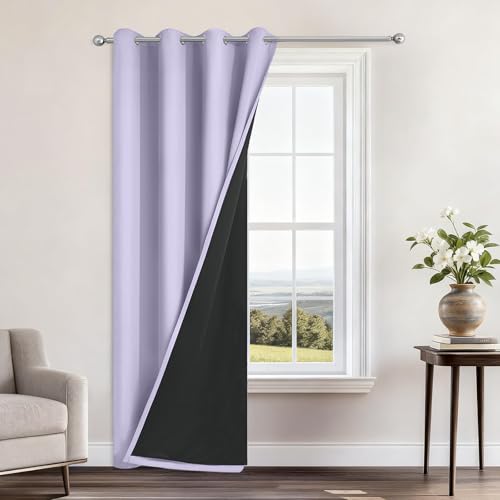 Image of Yakamok Lilac Blackout Curtains 96 Inches Long for Bedroom 52 inch Wide 1 Panel | Blackout Curtain Panels for Bedroom, 2 Thick Layers Grommet Top Thermal Insulated Drapes with Black Liner for Living Room
