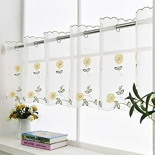 choicehot Yellow Sunflower Valance 45cm Drop Kitchen Curtain Cafe Short Net Romantic Embroidered Curtains White Voile with Flower Decor for Balcony, Bedroom, Living Room , 45 x 180 cm / 70"x 17"