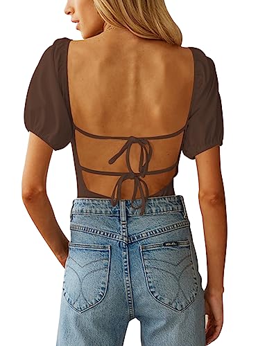 Image of oten Women's Sexy Backless Puff Sleeve Square Neck Tie Back Bodysuit Tops