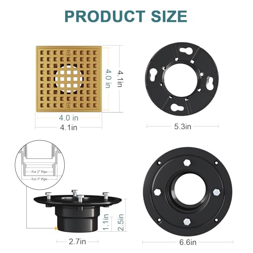 Image of Shower Drain 4-1 /4 Inch, Square Shower Floor Drain Kit with ABS Flange