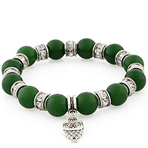 Morella Bracelet Femme avec Perles et Pendentif Hibou et zircons élastique Vert