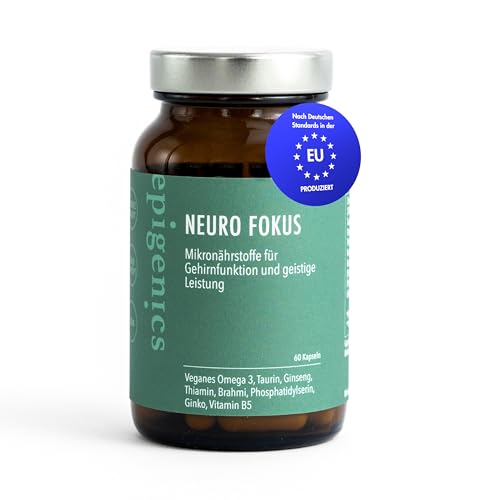 Epigenics Neuro Fokus Kapseln mit Omega-3 (DHA & EPA), Brahmi, Ginkgo, Ginseng, Taurin & Phosphatidylserin (für 30 Tage) – Gehirn Supplement für Fokus, Konzentration & Gehirngesundheit