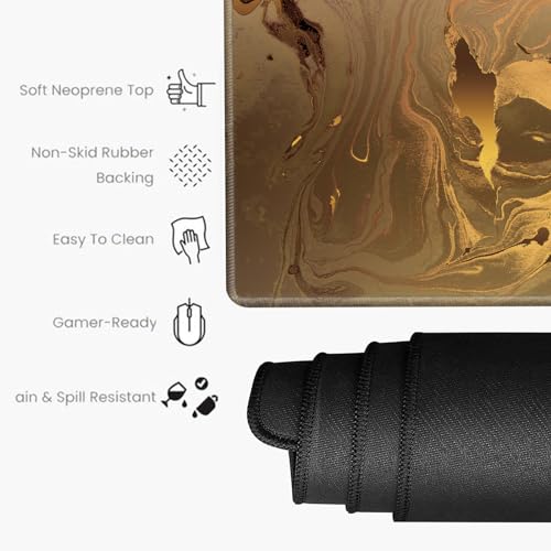 Image of Gaming Mouse Pad Gold Marble Mousepad 24x12 Inch Desk Mat XL Long Desk Pad Non-Slip Rubber Base Computer Mat with Stitched Edges for Office Work Home Game