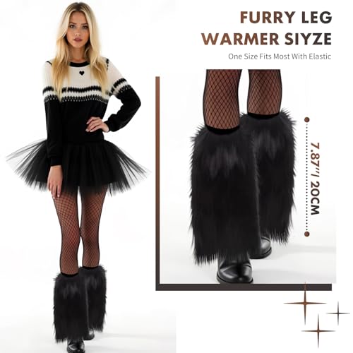Image of Barelove Women's Faux Fur Leg Warmers, Plush Soft Furry Fluffy Winter Long Boot Cuff Wrist Covers Boots Sleeves (Black, 7.9 inch)