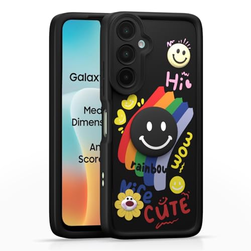 Image of Pikkme Back Cover for Samsung Galaxy M16 5G | Soft Silicone| Cute Rainbow Smile & 3D Cartoon Flower Design | Shockproof Raised Camera Protection Bumper Case (Black)