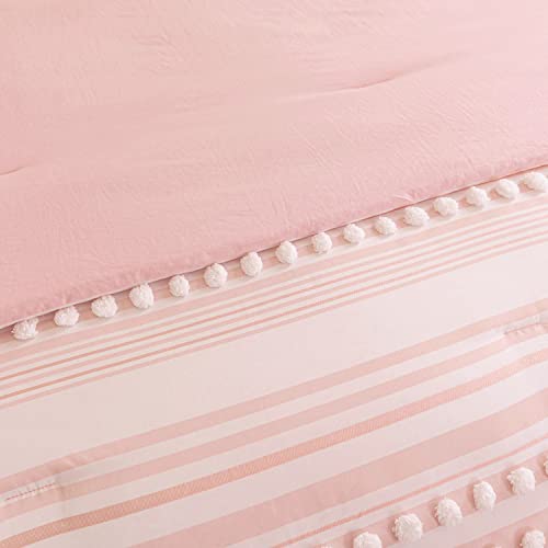 Sleepbella Boho Comforter Queen Size, Light Pink And White Striped Ball Pom Design, Fluffy And Lightweight Tufted Bedding Comforters & Sets 3 Pieces (1 Comforter，2 Pillowcases #TOP4