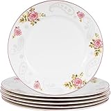 STP GOODS Porcelain Dinner Plates Set - of 6, China Rose Floral Plates Set for Salad, Pasta, Large Dessert, Microwave and Dishwasher Safe, 10.5-Inch Large Round Serving Dishes for Kitchen