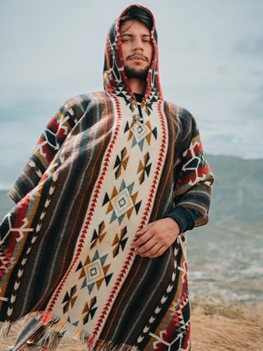 Image of Alpaca Mens Poncho with Hood - Cowboy Serape Western Poncho - Clint Eastwood Poncho for Men - Ecuadorian Cloak with Hood Men