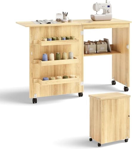 FANTASK Armario de Costura Plegable 2 en 1, Mesa de Costura de Madera con 3 estantes para bobinas, Armario de máquina de Coser para salón, Dormitorio y Oficina, Color Beige