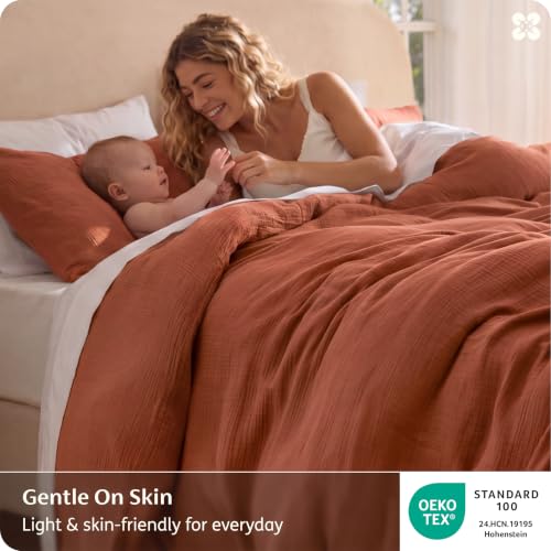 Image of Bedsure 100% Muslin Cotton Duvet Cover King Size - Ultra-Soft Gauze Duvet Cover, PureWoven Breathable & Lightweight Bedding Set with Button Closure and Corner Ties (Terracotta, King, 104 inchx90 inch)