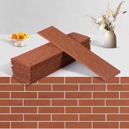 Zoeteoz 17 Pcs Orange Red Faux Thin Brick Tiles Veneers, 2.38 Sq.Ft, Realistic Brick Texture and Lightweight, Indoor Outdoor Decorative Wall Brick for House Facade, Garage, Chimney, Parterre Wall