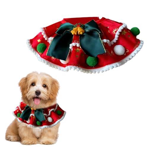 Collar Navidad para Mascotas, Baberos Navidad para Cachorros con Colores Pom-pones y Lazos, Accesorios de Disfraces Navideños para Perros y Gatos, Artículos para Fiestas de Año Nuevo (Rojo, M)