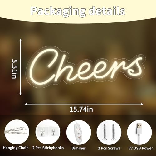 Image of LED Cheers Neon Sign for Home Bar, USB Powered Warm White Bar Light with Dimmable Control, Wedding Party Wall Decor for Kitchen Restaurant 15.75x5.51