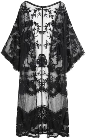 Romanstii Women's Lace Cardigan Floral Crochet Sheer Beach Cover ...