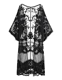 Womens Lace kimono cardigan Sheer Beach Blouses Long Bikini Coverup Vintage Top(Black)
