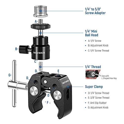 Neewer Crab Clamp Articulated Mini Ball Head, Super Clamp Mic Mount With 1/4" To 5/8" Thread, Compatible With Smallrig Camera Cage And Microphones, Bearing Up To 3.3Lb/1.5Kg (St48) #TOP1
