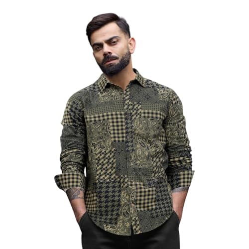 Image of WROGN Men's Cotton Corduroy Shirt | Grey Black Clash Design | Slim Fit