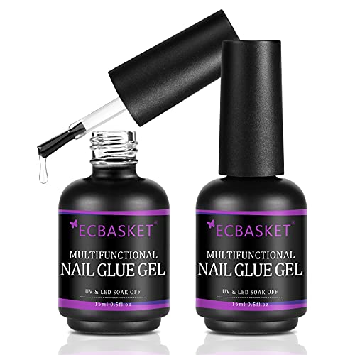 Nail Glue Gel, Glue Gel for Nails 2PCS 15ML, Curing Needed Nail Glue Brush on, 3 in 1 Multifunctional Gel Nail Glue, Nail Glue for Press On Nails, Base Coat for Nail Polish, Slip Solution for Poly Nail Gel