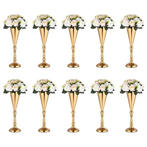 Rozrety 10 Pcs Gold Vase Wedding Centerpieces for Tables Centerpiece Table Decorations Metal Tall Artificial Flower Vases for Wedding Reception Party Birthday Event Home Decor Cover