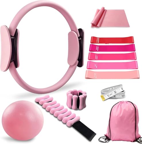 SLEEPHEAD Pilates Ring Set 11 PCS Magic Circle Yoga Ring Pilates Ball Adjustable Ankle Wrist Weights Resistance Bands Tape Measure Pilates Kit Equipment Accessories for Women Home Workouts Yoga