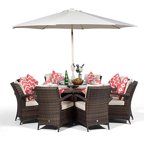 Arizona Luxury Rattan Dining Set Round 8 Seater Brown Rattan Dining Set Outdoor Poly Rattan
