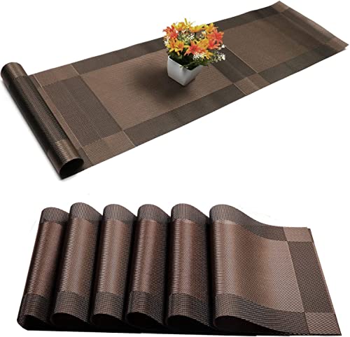 Image of Table Mats Set of 6 for Kitchen Dining Table with Runner - Washable PVC Placemats - Woven Vinyl Placemat - Table Runner (6-Piece Placemat, 1-Piece Runner, Brown)