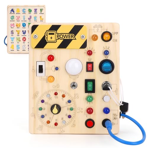 Konijiwa Montessori Busy Board 1 Jahr alt Kinder Activity Board Holzspielzeug mit 8 LED-Lichtschalter Spielzeug Sensory Learning Toys Geeignet für 1 2 3 4 Jahre alte Babys (‎LED Clock Busy Board)