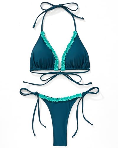 SUUKSESS Women Ruffle Thong Bikini Sets Cheeky Halter String Triangle Two Piece Swimsuit High Cut Bathing Suit (Blue Color Block, S) — view 2