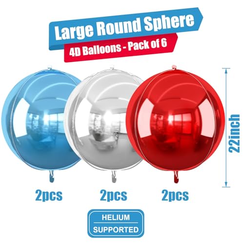 Image of Red Blue Silver Round Foil Balloons Birthday Prom Decor 22 Inch 6 Pcs | Metallic 4D Helium Ball Balloons for Graduation 4th of July, Independence Day USA Patriotic Party Decoration