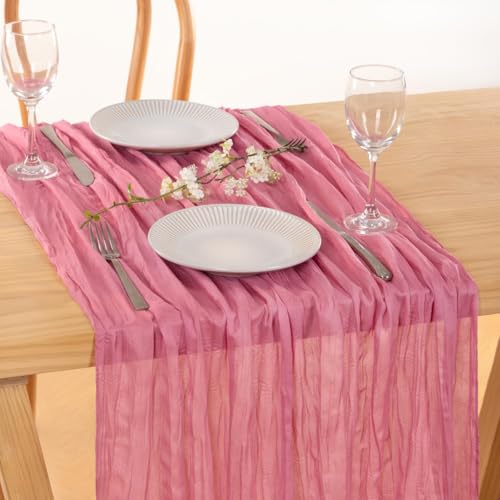 Image of MLMC 3 Pack Mauve Pink Table Runner 10ft Sheer Gauze Summer Cheesecloth Table Runner Bulk Rustic Cheese Cloth Decor 35x120 Inches for Boho Wedding Bridal Baby Shower Birthday Party Decor