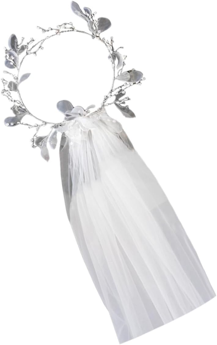 Gatuida 1Pc Bridal Wreath Veil with Elegant Beads White Wedding Photo Prop Floral Crown Veil for Brides Wedding Supply for Bridal Dresses and Special Occasions