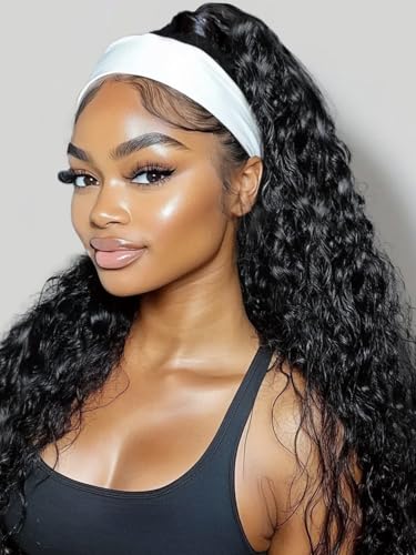 KLAIYI Headband Human Hair Wig Water Wave Curly Non Lace