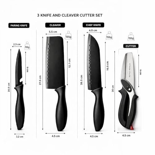 Image of Kitchen Knives Set with Clever Cutter 4 Pcs | Black Coted Stainless Steel Blade with Covers and Multi-Function Clever Cutter | Kitchen Knife Set and Slicer Scissor for Vegetable, Fruit & Meat Cutting