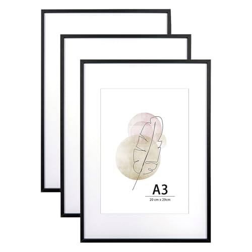 KAIWIN A3 Picture Frame Black Set of 3, Wooden Poster Frame suitable for A4 with mat, A3 Picture Frames for Wall Mounting Display for Home,Office,Gallery,Holiday with Photos, Posters, Puzzles