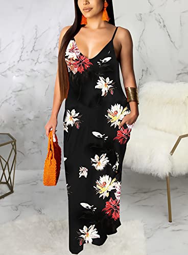 Image of Luau Dress for Women Casual Sexy Summer Floral Spaghetti Strap Sleeveless Plus Size Maxi Dresses with Pockets, Small