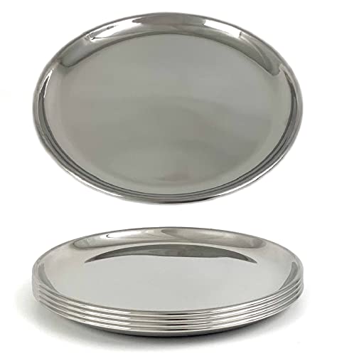 Tredoni 4Pcs Stainless Steel 7.5" Round Dinner Plates, Serving Pizza/Side Plate Dish Set (19 Cm = 7.5 Inch, 4 Pcs) #TOP13