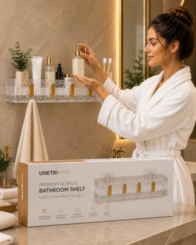 Image of Transparent Acrylic Shower Caddy with Golden Hooks| Bathroom Wall Shelf Organizer with Tier Storage for Toiletries, Shampoo, Skincare, Cosmetics & Bathroom Accessories