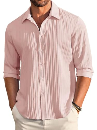 Image of DEELMO Combo of Men's Casual Button Down Shirts Long Sleeve Linen Shirt Fashion Textured Summer Shirts Pack of 2