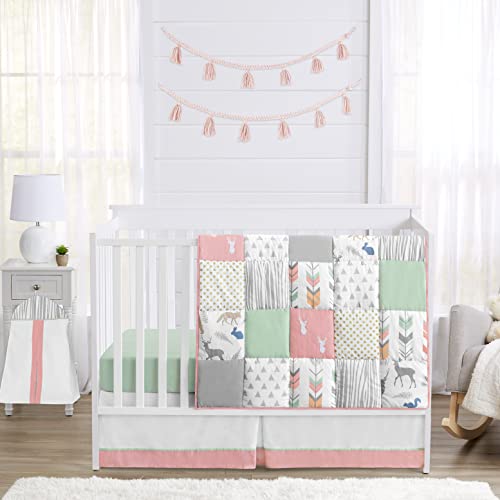 Image of Sweet Jojo Designs Coral, Mint and Grey Woodsy Deer Girls Baby Bedding 4 Piece Crib Set