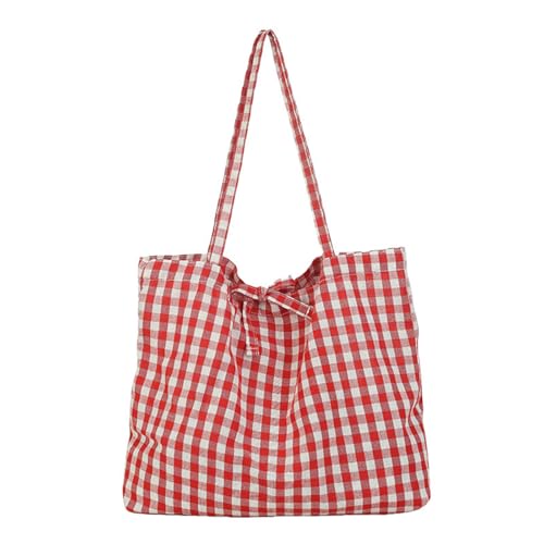 Gingham Tote Bag Canvas Casual Cute Plaid Tote Soft Cloth Lightweight Beach Shoulder Bag Gingham Large Capacity Big Handbag for Women Red