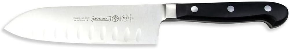 Mundial 5100 Series 7-Inch Granton Edge Santoku Knife with Black Handle, Ideal Knife for Meat and Vegetables, Precise Cuts for Julienning Thin Slices