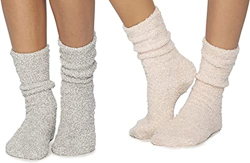 Barefoot Dreams CozyChic Women Heathered Socks, Crew Socks, Plush Socks, Loungewear, Warm Toes, Fuzzy Socks-Oyster/White-Dusty Rose/White (Set of 2)