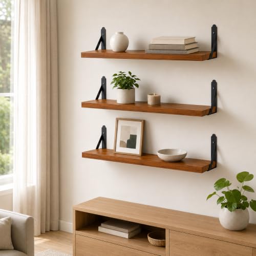 Image of Decazone Floating Shelves for Wall Storage - Set of 3, MDF Board Bookshelves for Living Room, Bedroom, Kitchen & Office - Sturdy Wall-Mounted Display for Bookcase & Decor (Brown, Wide- 24 inch Inch)