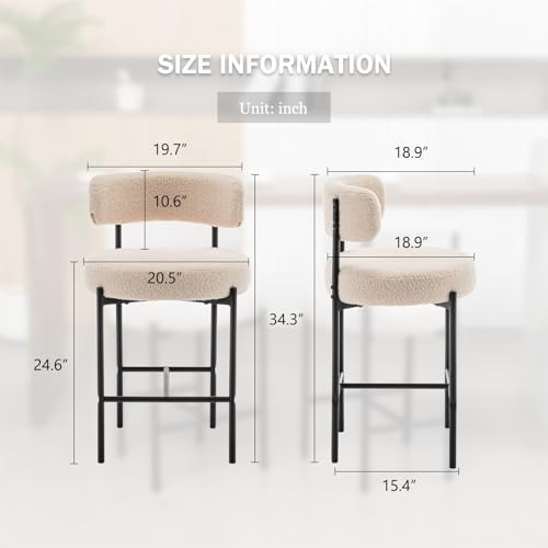 Image of Cinxzar Boucle Bar Stools Set of 2, Beige Counter Height Bar Stools with Backs, Modern Barstools for Kitchen Island, Pub, Club