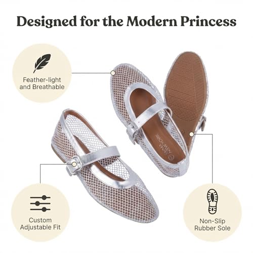 Image of EMMA NEW YORK Mesh Ballet Flats for Women, Mary Jane Mesh Ballet Flats Shoes for Women with Buckle Strap