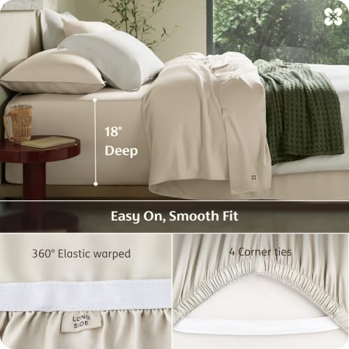 Image of Bedsure PureWoven 100% Viscose Derived from Bamboo, Queen Sheets, 3PCS | Organically Grown, 18 inch Deep Pocket, Cooling Fitted Sheet Set for Hot Sleepers, Luxury Silky Soft, No Flat Sheet, Beige